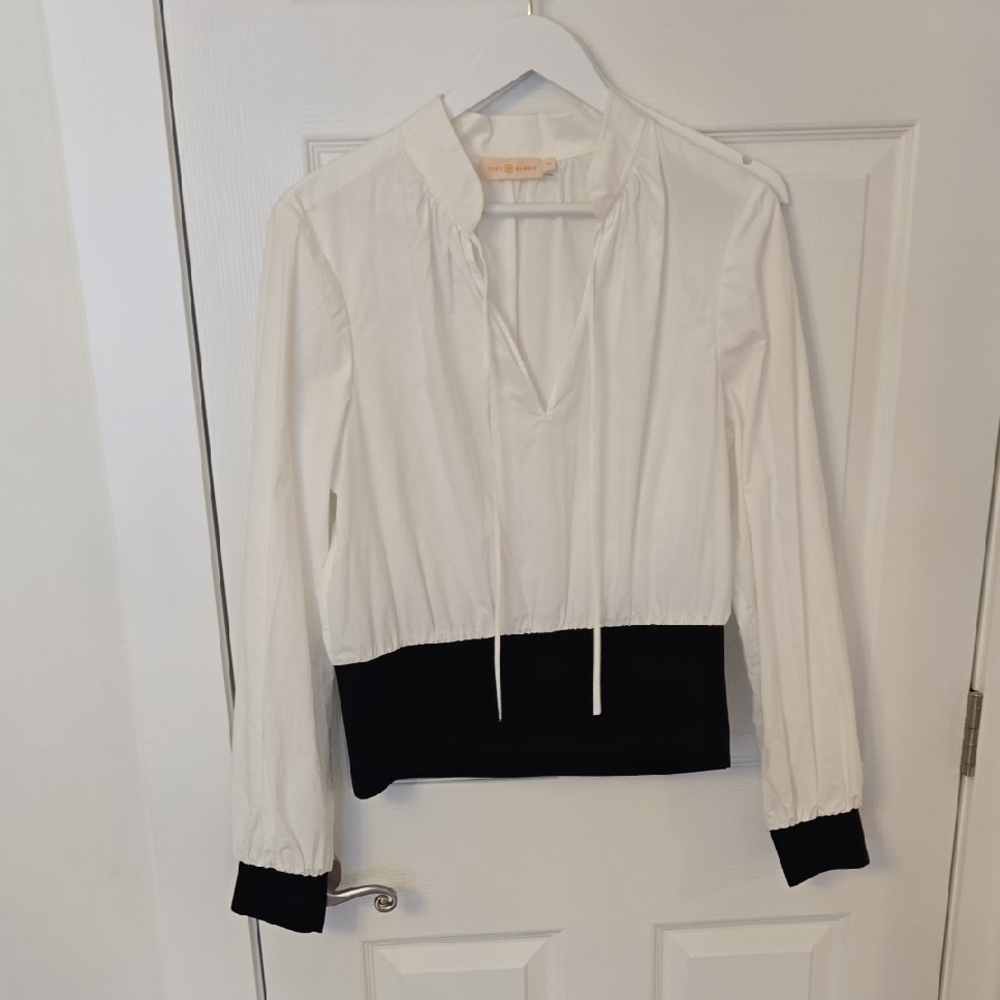 Tory Burch White and Black Tie Front Blouse